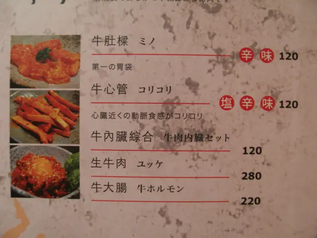 肉品一盤約80-100 g，約5-6片，價格$120- $280。